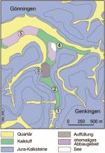 Blick auf eine vereinfachte farbige geologische Karte vom Wiesaztal zwischen Gönningen und Genkingen. Vorkommen von Kalktuff sind grün eingefärbt.