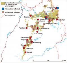 Vereinfachte grafische Karte mit Gebieten des Unterkeupers in Baden-Württemberg sowie bisher bekannten Standorten von Steinbrüchen im Lettenkeuper-Sandstein.