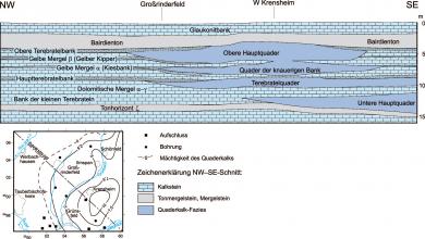 Mächtigkeitskarte des Quaderkalks (unten) und Profilschnitt der Faziesverteilung (darüber) im Raum Krensheim–Werbachhausen.