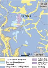 Mehrfarbige geologische Karte mit dem Verbreitungsgebiet Renquishausener Plattenkalke (hellblau eingefärbt) sowie der Lage von Steinbrüchen (rot schraffiert).