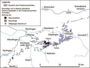 Vereinfachte Übersichtskarte mit dem Verbreitungsgebiet von Posidonienschiefer zwischen Nürtingen und Schwäbisch Gmünd. Der Schiefer ist violett (auf weiß) dargestellt.