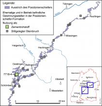 Vereinfachte Übersichtskarte mit dem Verbreitungsgebiet von Posidonienschiefer zwischen Schömberg und Reutlingen. Der Schiefer ist violett (auf weiß) dargestellt.