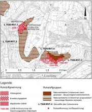 Ausschnitt aus der topographischen Karte L 7520. Farbig hervorgehoben sind die Vorkommen von Naturwerksteinen (braun) sowie Abbaugebiete (rot schraffiert) und Rohstoffbohrungen (rote Punkte) im Gebiet zwischen Pfrondorf und Lustnau.