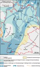 Mehrfarbige Karte mit dem Ablagerungsraum des Schilfsandsteins in Deutschland.