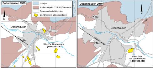 Die Abbildung zeigt zwei verschiedene Karten von Dettenhausen mit der Lage von ehemaligen Steinbrüchen im Stubensandstein.