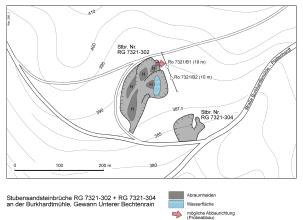 Vereinfachte Karte mit der Lage von historischen Steinbrüchen des Stubensandsteins südwestlich von Plattenhardt.