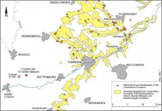 Vereinfachte Übersichtskarte des Gebiets Tübingen–Filderstadt mit farbiger Darstellung des Vorkommens der Löwenstein-Formation sowie der Lage von Steinbrüchen und Sandgruben.