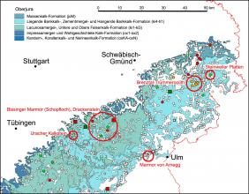 Farbig angelegte Übersichtskarte von der Schwäbischen Alb (Ost), abgebildet ist die Verbreitung von Karbonatgesteinen sowie die Lage von Gewinnungsstellen.