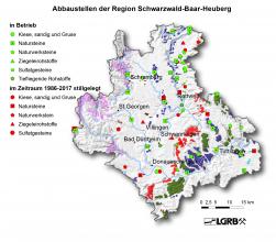 Gezeigt wird hier eine Reliefkarte der Region Schwarzwald-Baar-Heuberg mit farbig markierten Abbaustellen von Steine- und Erdenvorkommen, die in Betrieb befindlich oder seit 1986 stillgelegt sind.
