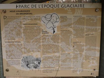 Informationstafel im Eiszeitpark Engen Schautafel, die über neue Grabungen im Brudertal berichtet, mit einer Überschrift in französischer Sprache.