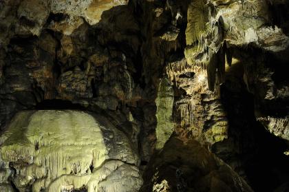 Nebelhöhle bei Sonnenbühl-Genkingen – links der sog. „Altar“; Foto: Gemeinde Sonnenbühl Blick in das Innere einer Höhle. Teile der Höhle - etwa links vorne ein geglätteter Felsbuckel mit Tropfsteinbildungen oder rechts hinten eine zerklüftete Wand - sind beleuchtet und zeigen gelblich graue Farben.