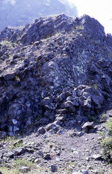 Olivin-Melilithit („Basalt“) in säuliger Absonderung am Hohenstoffeln Das Bild zeigt einen Aufschluss aus dunklen Basaltsäulen, der leicht von Gräsern überwachsen ist.