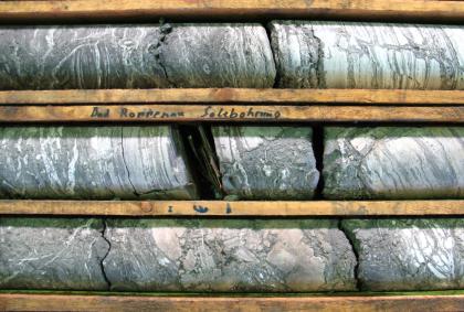 Gipsstein im Mittleren Muschelkalk, Bad Rappenau Das Bild zeigt drei rundlich geformte, grauweiß marmorierte Gesteinskörper, die auf Brettern gelagert sind.