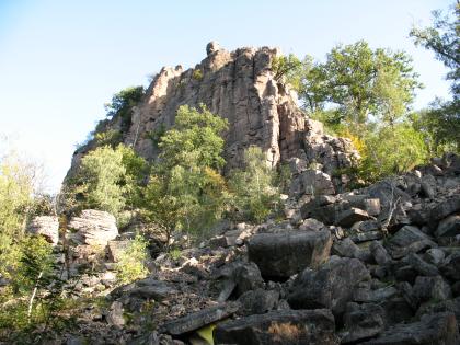 Battert bei Baden-Baden Blick auf steil aufragende, von Bäumen und Büschen umstandene rötliche Felszinnen. Im Vordergrund rechts liegen angehäufte Gesteinsbrocken.