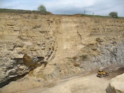 Verwerfung im Oberen Muschelkalk bei Herrenberg-Haslach In einer aus hellgelbem, bankigem Kalkstein bestehenden Wand in einem Steinbruch befindet sich eine von links unten nach rechts oben verlaufende Verwefung. Unter der Wand steht ein Arbeitsfahrzeug.