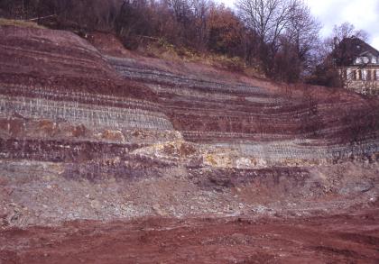 Aufschiebung im Keuper von Tübingen Es ist eine Wand aus geschichtetem rotem und rot-grauem bis gelbem Gestein zu sehen. Die linke Seite ist auf die rechte Seite der Wand aufgeschoben, es ist ein deutlicher Versatz an den hellen Schichten zu erkennen. Über dem Aufschluss wachsen Bäume.