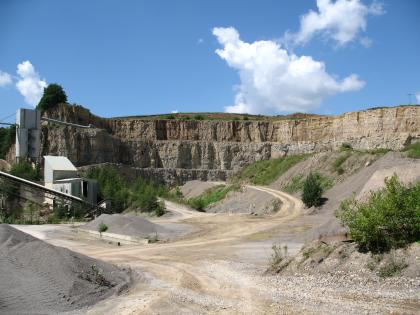 Oberer Muschelkalk bei Haigerloch Das Bild zeigt ein ausgedehntes, hufeisenförmig angelegtes Steinbruchgelände mit Fahrwegen und Schutthügeln. Links sind zudem Förderbänder zu erkennen. Das in mehreren Stufen aufgeschlossene Gestein ist unten grau und oben braun.