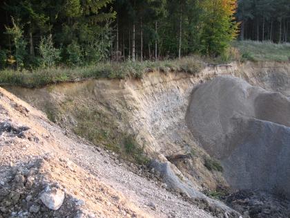 Flugsand über Deltaschotter der Hasenweiler-Formation bei Salem-Stefansfeld (Bodenseekreis) Blick über einen nach rechts geneigten, offenen Hang. Auf der rechten Seite des gelblich braunen Hanges ist grauer Sand aufgehäuft. Die obere Kante des Hanges ist bewaldet.