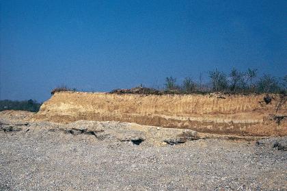 Kiesgrube westlich von Geißlingen mit jungrißzeitlichen Seesedimenten über Kies der Mittleren Hochterrasse Das Bild zeigt eine graue Schotterfläche, über der sich wie eine Insel rötlich braunes Gestein erhebt. Die Kuppe der Insel ist rechts dünn bewachsen.