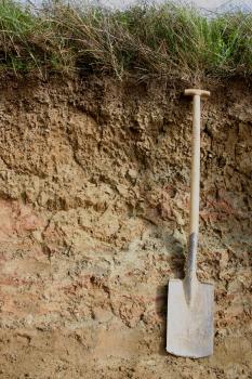 Mäßig tief entwickelter brauner Pelosol aus geringmächtiger lösslehmhaltiger Fließerde über tonreicher Fließerde über Mergelstein der Unteren Süßwassermolasse Das Foto zeigt ein rötlich braunes Bodenprofil unter Acker. Rechts ist eine Schaufel angelehnt, um die Tiefe des Profils anzuzeigen.