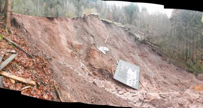 Abrissbereich mit Wasseraustritt am Fuß Zu sehen ist ein Hang, mit einer klaren Kante oberhalb. Der Hang selber zeigt nur braunes Erdreich, in dem sich Rinnsale aus Schlamm und Wasser gebildet haben. Einige Trümmerteile und Baumstämme liegen in der Mitte.