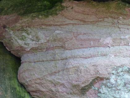 Felsböschung im Tiefenbachtal südwestlich von Schwäbisch Gmünd – Es handelt sich um eine natürliche Felsböschung in der Löwenstein-Formation (Stubensandstein) Nahaufnahme einer rötlich grauen Felsplatte mit dunkleren, waagrecht verlaufenden Streifen. Links und oben sind grünlich verfärbte Stellen erkennbar.