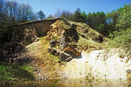 Sandgrube westlich der Guldesmühle südlich von Dischingen Im Vordergrund befindet sich ein See. Dahinter schließt eine steile Wand an, die zum Teil von Gras überwachsen wurde. Hinten befindet sich ein Laubwald.