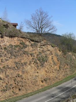 Aufschluss am Vogelsangpass bei Vogtsburg im Kaiserstuhl Von erhöhtem Standort blickt man auf eine von links oben nach rechts unten verlaufende, abgestufte Gesteinswand. Oberfläche und Kuppe der Wand sind bewachsen, zum Teil mit Bäumen. Am Fuß verläuft eine Straße. Links oben ist eine kleine Hütte sichtbar.