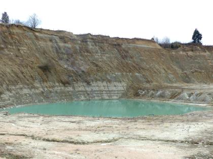Ziegeleigrube in der Unteren Süßwassermolasse südwestlich von Mengen Blick auf eine Abbauwand in einer Ziegeleigrube. Die bräunliche Wand ist mit helleren waagrechten Streifen durchsetzt und oben nach hinten abgeschrägt. Am Fuß der Wand hat sich ein kleiner See gebildet.