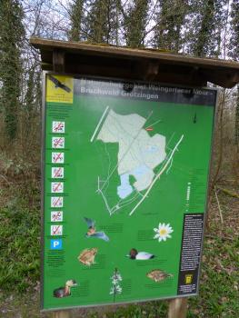 Infotafel zum Naturschutzgebiet Weingartener Moor – Bruchwald Grötzingen Blick auf eine grüne, überdachte Schautafel, die im Bruchwald Grötzingen steht. Gezeigt wird die Ausdehnung des Waldes sowie die Pflanzen- und Tierwelt.