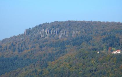 Blick auf den Battert bei Baden-Baden Blick aus großer Höhe auf eine Reihe rötlich grauer Felsentürme. Die Felsen befinden sich an der Längsseite eines nach rechts ansteigenden, oben flachen bewaldeten Berges.