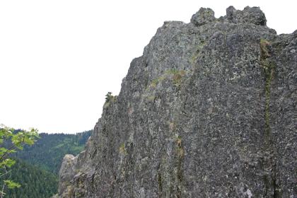 Blick auf den oberen Teil einer nach rechts aufsteigenden, steilen Felswand.