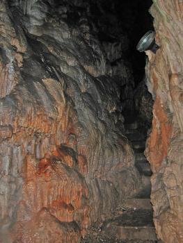Dunkle, z. T von Eisenoxiden rot gefärbte Kalksinter in der Schertelshöhle bei Westerheim Teilansicht zweier Höhlenwände mit teils rot gefärbten Tropfsteinbildungen links und rechts. Zwischen den Höhlenwänden führt ein schmaler Treppenaufgang in weitere Teile der Höhle.