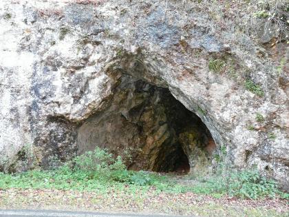 Tobeltalhöhle im vorderen Tobeltal westsüdwestlich von Zwiefalten Blick auf den mit bräunlichem Gestein ausgekleideten, zwiebelförmigen Eingang zu einer Höhle. Das Gestein um die Höhlenöffnung ist weißlich grau mit bläulichen Schattierungen. Der flache Boden vor der Höhle ist teils bewachsen, teils mit Laub bedeckt.