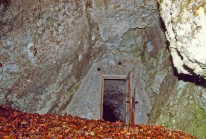 Der Eingang zur Bettelhöhle in einer Felsnische rechts der Großen Lauter ca. 450 m oberhalb der Mündung in die Donau Das Foto zeigt eine hohe, rechts grünlich verfärbte Felsnische mit hohen Wänden. In die hintere Wand ist eine Tür eingelassen, die offen steht und in eine Höhle führt. Im Vordergrund bedeckt braunes Laub den Boden der Felsnische.