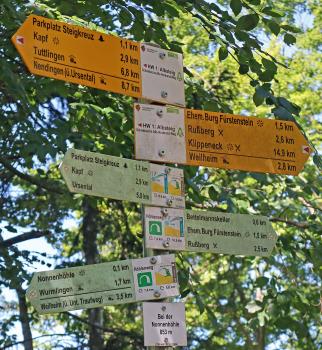 Wanderwegweiser in Nähe der Nonnenhöhle bei Wurmlingen Blick auf mehrere Wegweiser, die alle übereinander befestigt sind. Die beiden unteren verweisen auf den Höhlenweg, der auch zur Nonnenhöhle führt. Das Wegkreuz steht vor einem belaubten Baum.