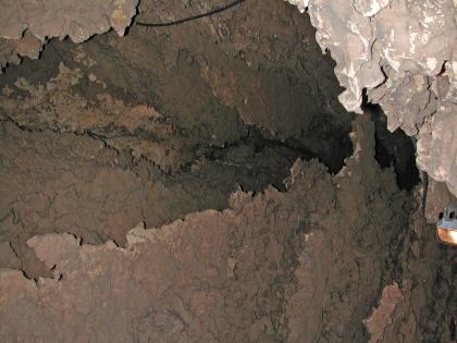 Karstformen in der Tschamberhöhle bei Rheinfelden Teilansicht einer Höhle mit dünnplattigen, scharfkantigen Zwischenwänden vor der eigentlichen Höhlenwand. Auch von der Decke hängen dünne Plattenbildungen herab.