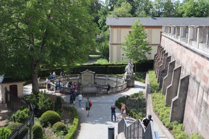 Auf dem Weg zur Donauquelle in Donaueschingen Übersichtsbild der Donauquelle in Donaueschingen: In der Bildmitte die durch eine Steinmauer eingefasste Quelle sowie umlaufende und hinführende Fußwege. Rechts erhebt sich eine abgestufte hohe Steinmauer.