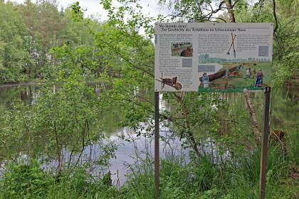 Informationstafel zu den Torfstichen im Schwenninger Moos Blick auf eine Hinweistafel, aufgestellt am stark bewachsenen Ufer eines Gewässers. Thema der Tafel ist die Geschichte des Torfabbaus im Schwenninger Moos.