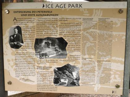 Informationstafel im Eiszeitpark Engen Hier kann man eine Schautafel des „Ice Age Parks“ sehen, mit Berichten und alten Fotos von der Entdeckung des Petersfelsens und ersten Ausgrabungen.