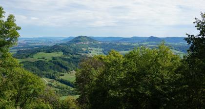 Am Nordrand des vom Mitteljura aufgebauten Rehgebirges erheben sich die Bergkegel Rechberg und Stuifen, die sich als Zeugenberge aus Oberjuragestein vor der eigentlichen Schwäbischen Alb erhalten haben, deren Traufkante im Hintergrund zu sehen ist. Blick über Baumkronen auf zwei bewaldete Bergkegel links und rechts der Bildmitte. Die Berge sind Teil einer hügeligen, bewaldeten Landschaft. Im Hintergrund liegen langgestreckte bewaldete Höhenzüge, die links in eine Ebene auslaufen.
