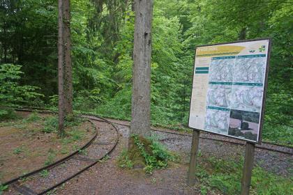 Gleisanlagen beim Wetzsteinstollen Spiegelberg Das Foto zeigt ein abzweigendes Gleis in einem Wald. Das eine Gleis verläuft gerade, das andere in einem Bogen. Rechts steht zudem eine große Informationstafel mit Wanderkarten rund um die Gemeinde Spiegelberg.
