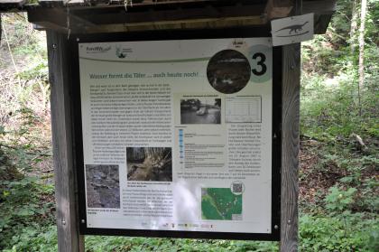 Informationstafel am Geologischen Lehrpfad im Kirnbachtal Blick auf eine bebilderte Schautafel im Naturpark Schönbuch. Themen sind Flussbegradigung und Hochwasser.