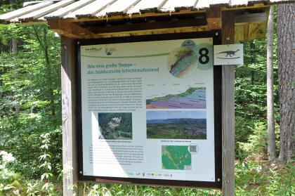 Informationstafel am Geologischen Lehrpfad im Kirnbachtal Blick auf eine überdachte, bebilderte Schautafel im Naturpark Schönbuch. Thema der Tafel ist das Süddeutsche Schichtstufenland.