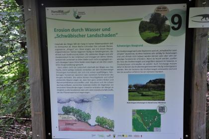 Informationstafel am Geologischen Lehrpfad im Kirnbachtal Das Foto zeigt eine bebilderte Schautafel im Naturpark Schönbuch. Thema der Tafel: Erosion durch Wasser.
