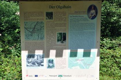 Informationstafel zum Olgahain Blick auf eine überdachte und bebilderte Schautafel, deren oberer Teil im Schatten liegt. Thema der Tafel: Der Olgahain.