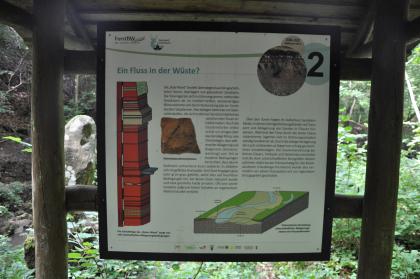 Informationstafel am Geologischen Lehrpfad im Kirnbachtal Blick auf eine bebilderte Schautafel im Naturpark Schönbuch mit dem Thema: Ein Fluss in der Wüste.