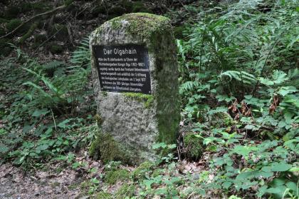 Gedenkstein im Olgahain Das Bild zeigt einen größeren, oben abgerundeten Gedenkstein mit vorne angebrachter Inschrift. Der Stein steht an einem schattigen, von Pflanzen überwucherten Platz.