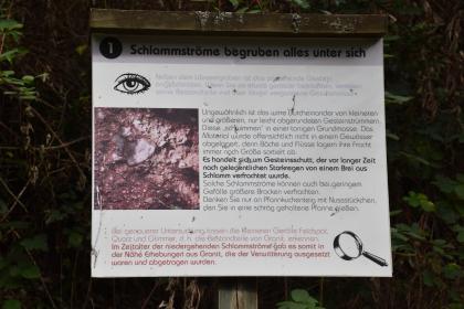 Informationstafel am Geologischen Pfad am Schramberger Schlossberg Blick auf eine Schautafel mit Text und Bild zum Thema Schlammströme.