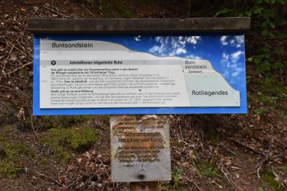 Schautafel zu den tektonischen Prozessen am Schramberger Schlossberg Das Bild zeigt eine längliche kleine Schautafel zum Thema Schramberger Hauptverwerfung. Die Tafel, die als geologischer Schnitt gestaltet ist, steht an einer Böschung.